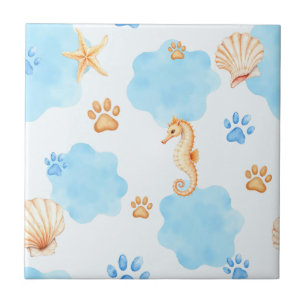 Ocean-Inspired Paw Print Pattern with Seahorses Ceramic Tile