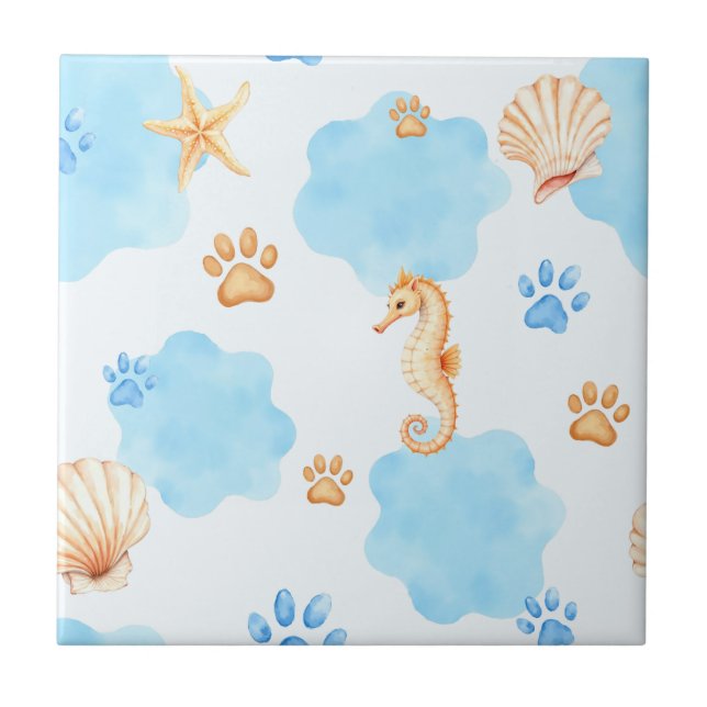 Ocean-Inspired Paw Print Pattern with Seahorses Ceramic Tile (Front)