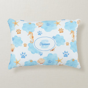 Ocean-Inspired Paw Print Pattern with Seahorses Decorative Cushion