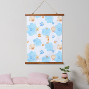 Ocean-Inspired Paw Print Pattern with Seahorses Hanging Tapestry
