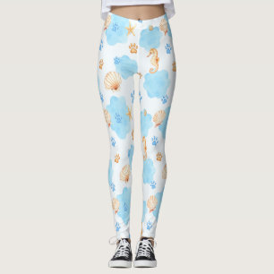 Ocean-Inspired Paw Print Pattern with Seahorses Leggings