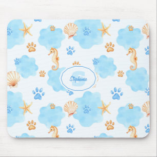 Ocean-Inspired Paw Print Pattern with Seahorses Mouse Pad