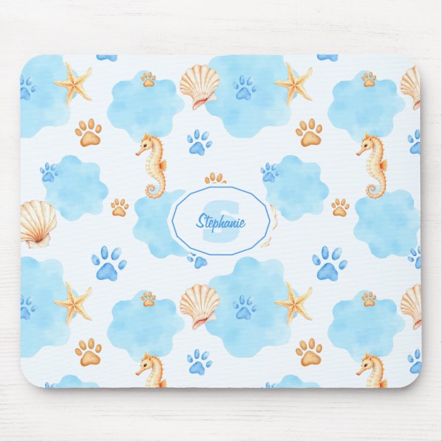 Ocean-Inspired Paw Print Pattern with Seahorses Mouse Pad (Front)
