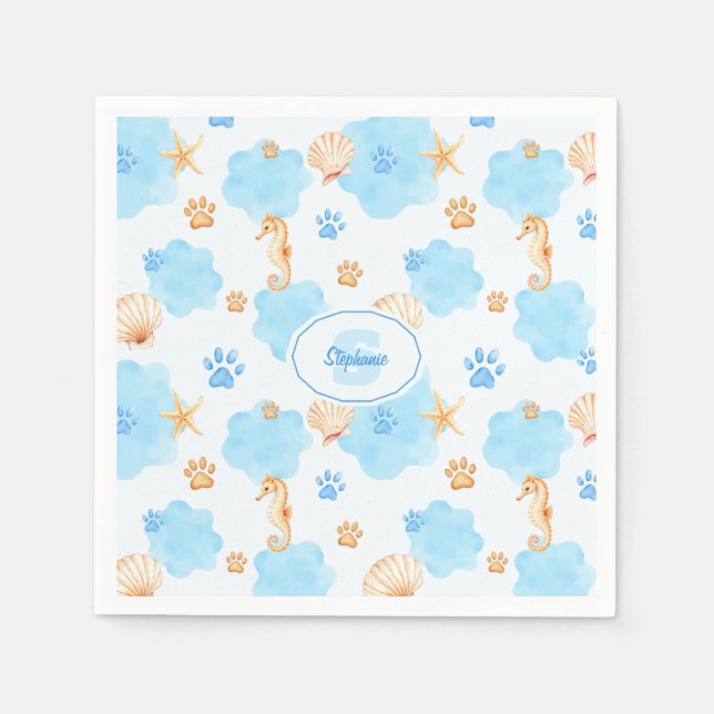 Ocean-Inspired Paw Print Pattern with Seahorses Napkin (Front)