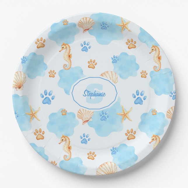 Ocean-Inspired Paw Print Pattern with Seahorses Paper Plate (Front)