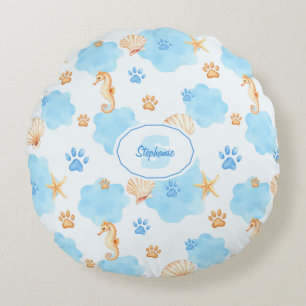 Ocean-Inspired Paw Print Pattern with Seahorses Round Cushion