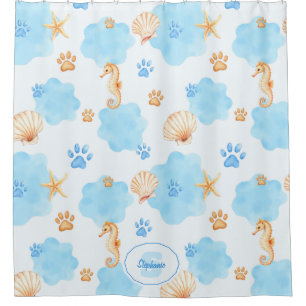 Ocean-Inspired Paw Print Pattern with Seahorses Shower Curtain