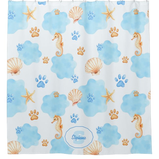 Ocean-Inspired Paw Print Pattern with Seahorses Shower Curtain (Front)