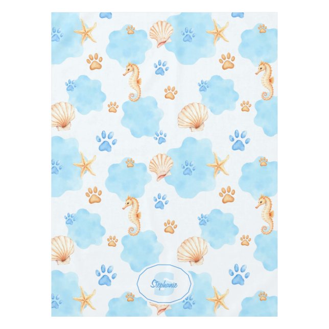 Ocean-Inspired Paw Print Pattern with Seahorses Tablecloth (Front)