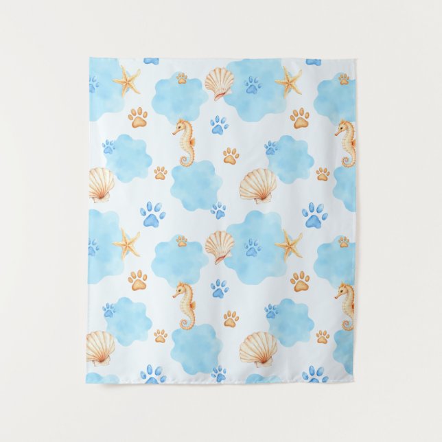 Ocean-Inspired Paw Print Pattern with Seahorses Tapestry (Front)