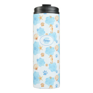 Ocean-Inspired Paw Print Pattern with Seahorses Thermal Tumbler