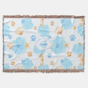 Ocean-Inspired Paw Print Pattern with Seahorses Throw Blanket