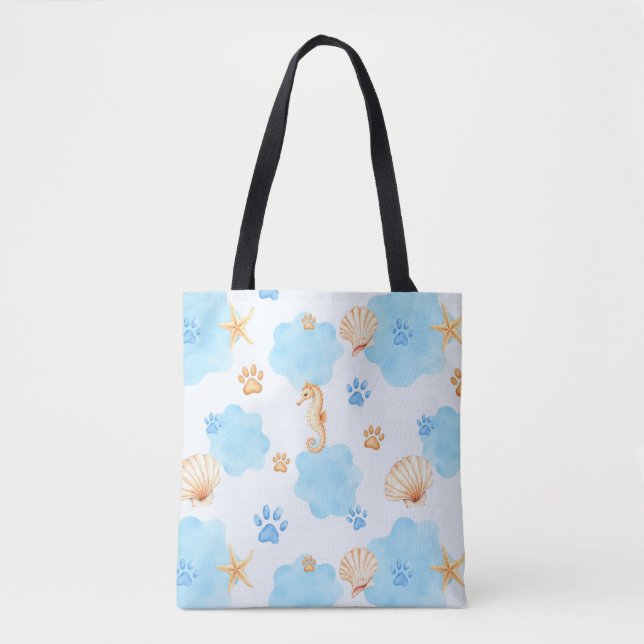 Ocean-Inspired Paw Print Pattern with Seahorses Tote Bag (Front)