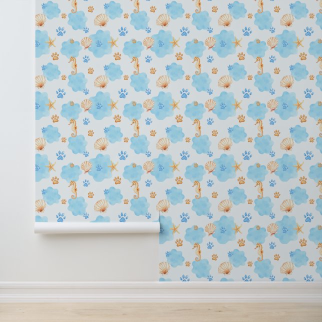 Ocean-Inspired Paw Print Pattern with Seahorses Wallpaper (Application)