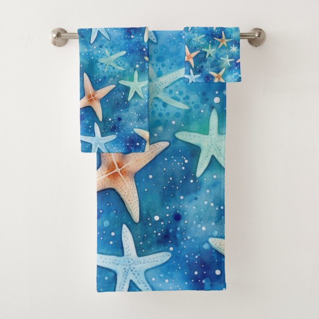 Ocean-Inspired Starfish & Seashells Blue Coastal Bath Towel Set (Insitu)