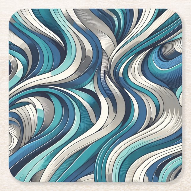 Ocean-Inspired Wave Pattern Square Paper Coaster (Front)