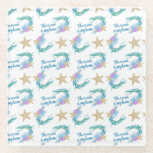 Ocean Is My Home Starfish Seaweed Summer Season Glass Coaster