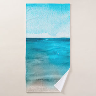 Ocean landscape. Beautiful watercolor hand paintin Bath Towel