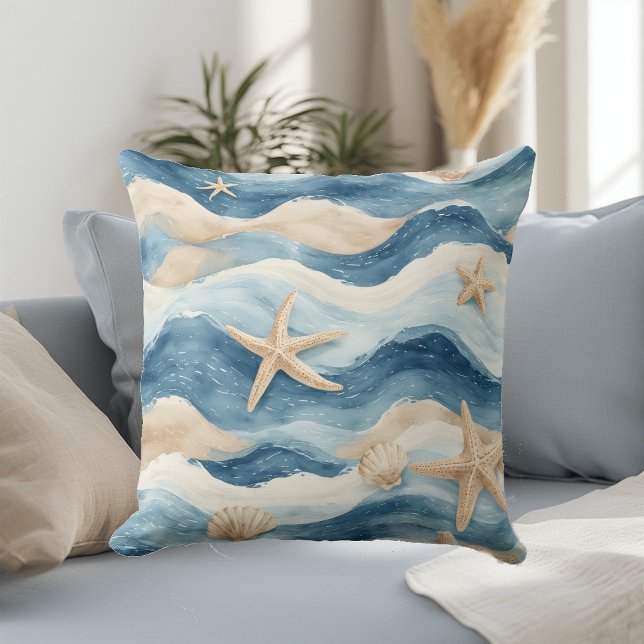 Ocean Life Coastal Tides Beach House Sea Mute Blue Cushion (Ocean Life Coastal Tides Beach House Sea Mute Blue Throw Pillow)