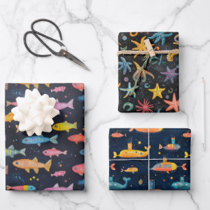 Ocean Life Fish, Sea Star, Submarine Chalk Drawing Wrapping Paper Sheet