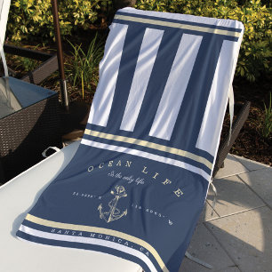 Ocean Life Nautical Grey & Yellow Stripe Anchor Beach Towel