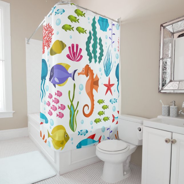Ocean life pattern with sea animals shower curtain (In Situ)