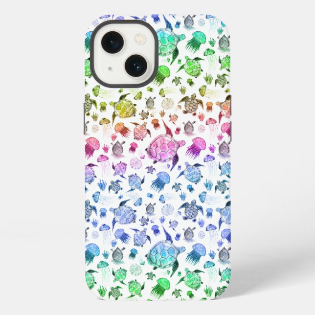 Ocean Life Watercolor Pattern in Rainbow Gradient iPhone Case (Back)