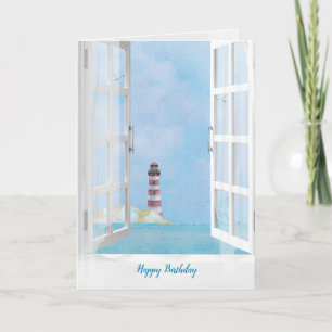 Ocean Lighthouse in window watercolor Card