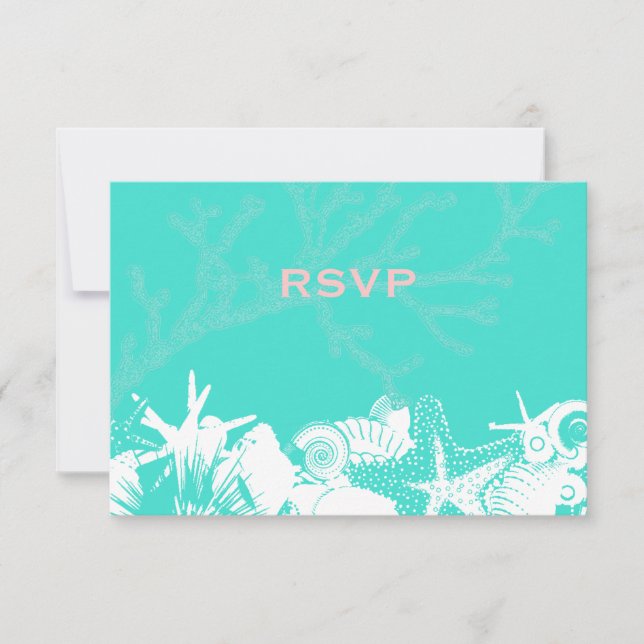 Ocean Love Teal Artsy Seashells Beach Wedding RSVP Card (Front)