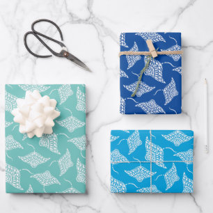 Ocean Manta Rays Polynesian Style Blue White Wrapping Paper Sheet