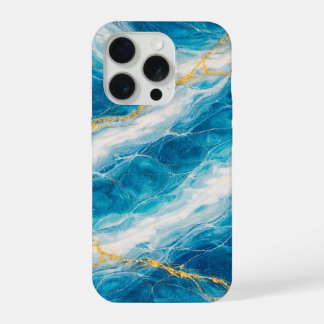 Ocean Marble with White Swirls and Gold Veining iPhone 15 Pro Case