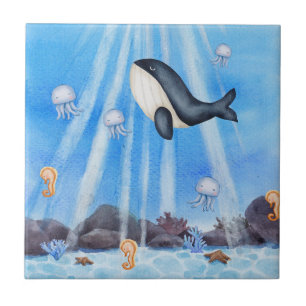 Ocean Marine Life Whale, Jellyfish and Coral  Ceramic Tile