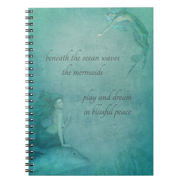 Ocean Mermaid Blue Green Whimsical Vintage Style Notebook (Front)