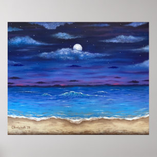 “Ocean Moon” Full Moon Beach Scene Poster Print