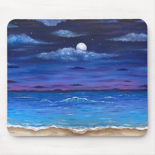 “Ocean Moon” Full Moon over Beach Scene Mouse Pad (Front)