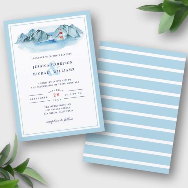 Ocean Mountain Lighthouse Blue Watercolor Wedding Invitation (Creator Uploaded)