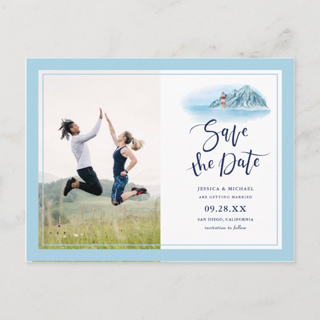 Ocean Mountain Lighthouse Wedding Save The Date Invitation Postcard (Front)