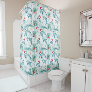 Ocean Nautical Christmas Santa Dolphin Pattern Shower Curtain