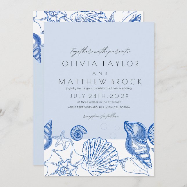 Ocean Navy Blue Shells Modern Wedding Invitation (Front/Back)