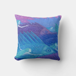 "Ocean nomads" fantasy art, fishes, mermaids & sea Cushion