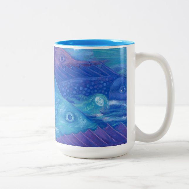 Ocean Nomads, Nautical Fantasy Art Mermaids & Fish Two-Tone Coffee Mug (Right)