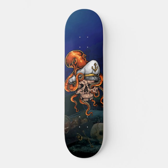 Ocean Octopus Captains Skull Treasure Skateboard (Front)