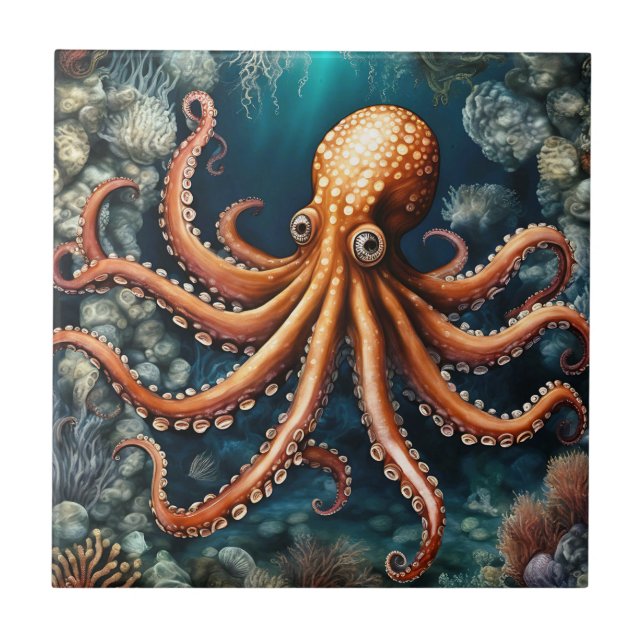 Ocean Octopus Deep Blue Ceramic Tile (Front)