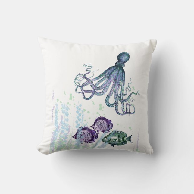 Ocean Octopus Indigo Blue Mauve Green Underwater Cushion (Front)