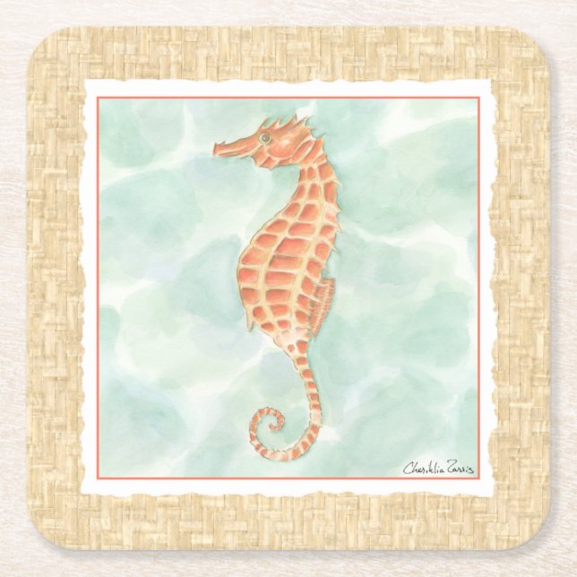Ocean Orange Seahorse Square Paper Coaster (Front)