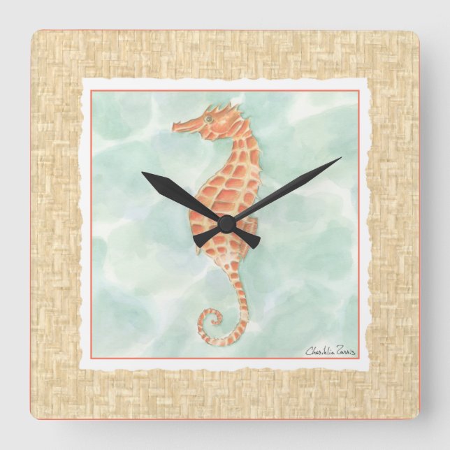 Ocean Orange Seahorse Square Wall Clock (Front)