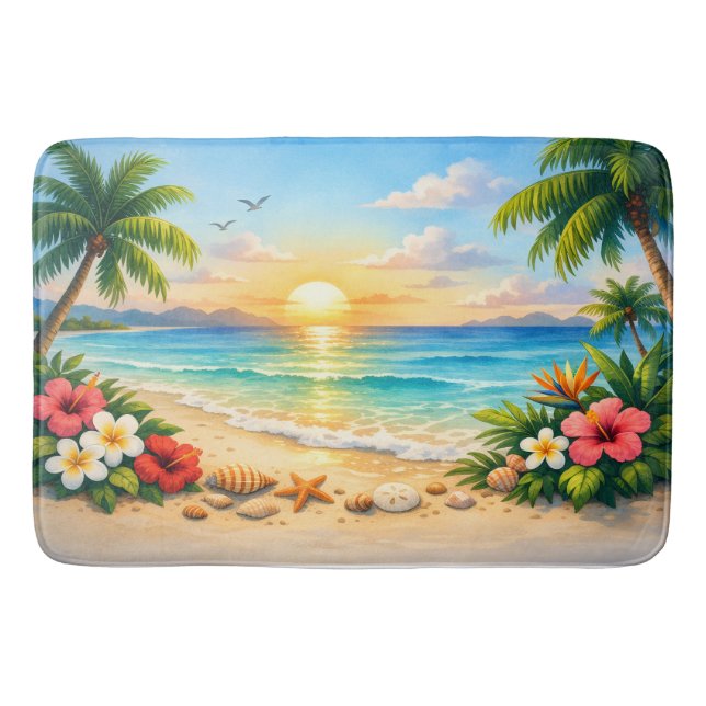 Ocean Palm Tree Floral Bath Rug (Front)