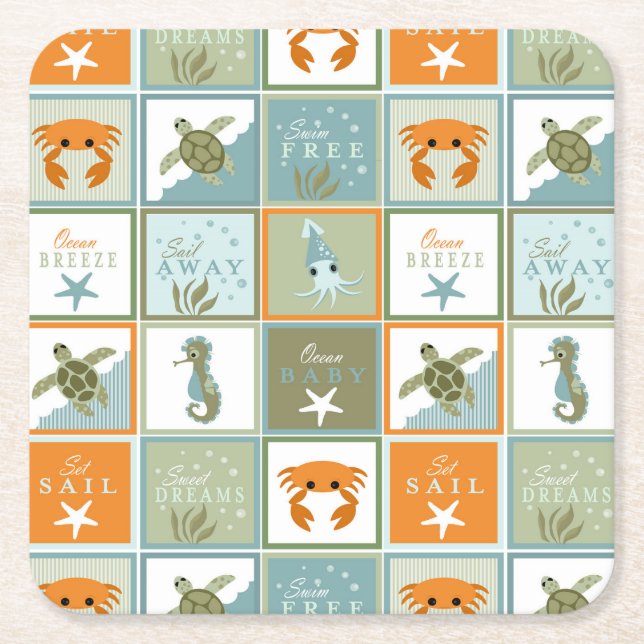 Ocean Patchwork Square Paper Coaster (Front)