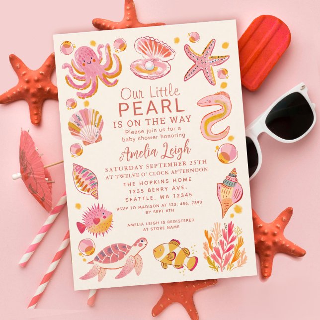 Ocean Pearl Sea Creatures Pink Girl Baby Shower Invitation (Creator Uploaded)