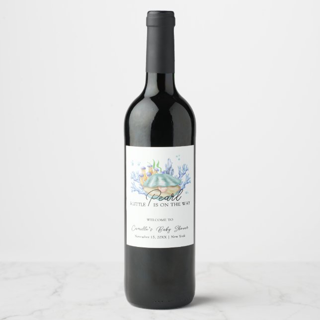 Ocean Pearl Under The Sea Baby Shower Welcome Wine Label (Front)
